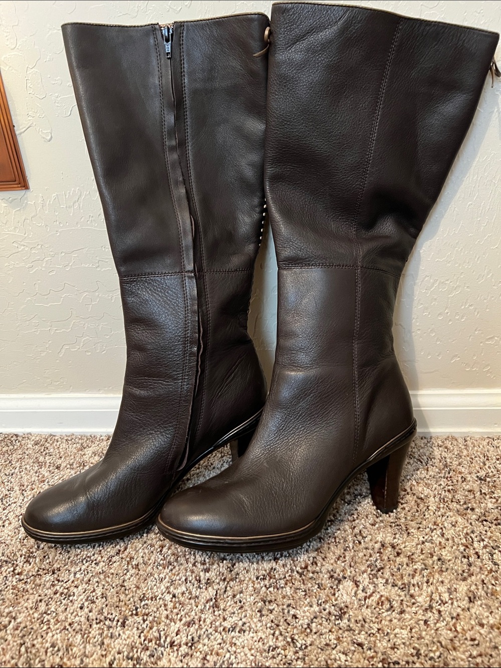 Sofft Dark Brown Leather Knee-High Heeled Boots